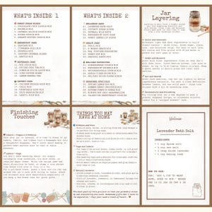 May include: A six-panel instructional guide titled What's Inside 1 and 2, Jar Layering, Finishing Touches, Things You May Have at Home, and a Lavender Bath Salt recipe. The document features lists of food and wellness mixes, text instructions, and illustrations.
