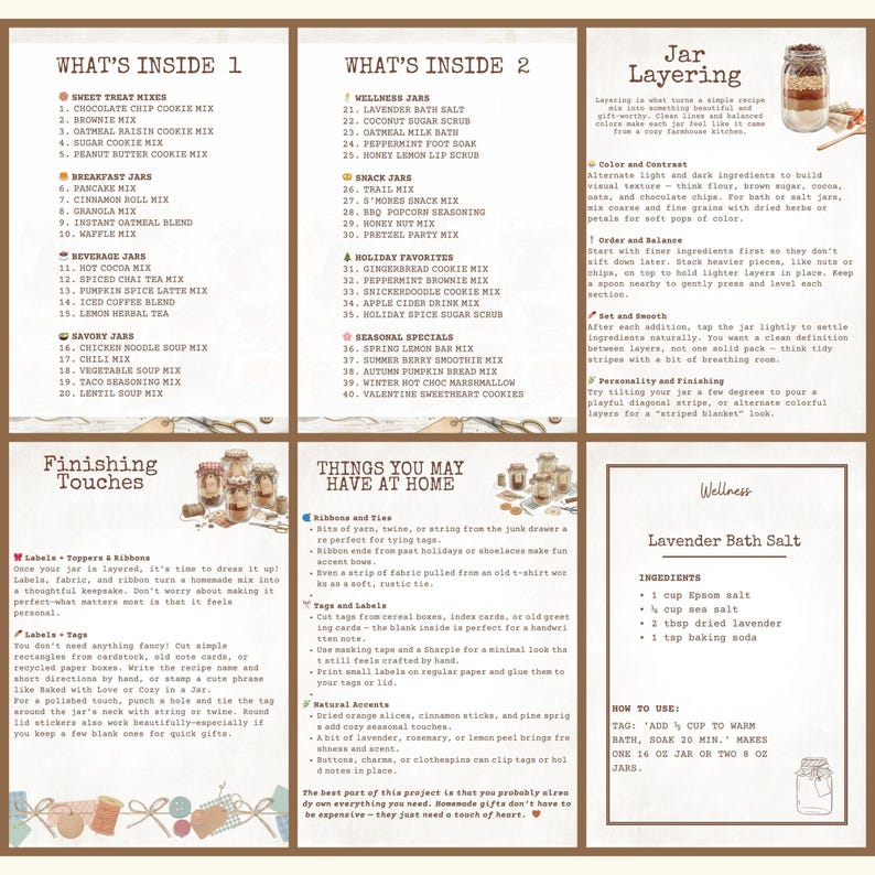 May include: A six-panel instructional guide titled What's Inside 1 and 2, Jar Layering, Finishing Touches, Things You May Have at Home, and a Lavender Bath Salt recipe. The document features lists of food and wellness mixes, text instructions, and illustrations.