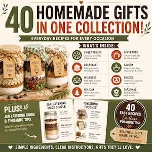 May include: A digital guide titled 40 Homemade Gifts in One Collection featuring three glass jars filled with layered dry ingredients, fabric toppers, and gift tags. It includes sections on jar layering, finishing touches, and recipe categories.