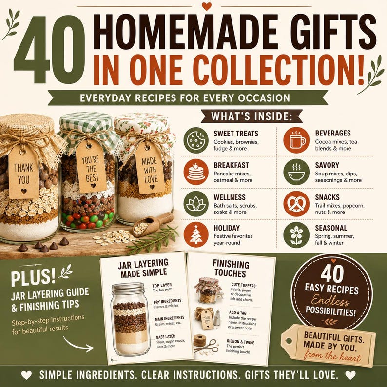May include: A digital guide titled 40 Homemade Gifts in One Collection featuring three glass jars filled with layered dry ingredients, fabric toppers, and gift tags. It includes sections on jar layering, finishing touches, and recipe categories.