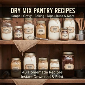 K&ouml;nnte beinhalten: Gl&auml;ser mit Trockenmischungen f&uuml;r Suppen, So&szlig;en, Backwaren und Rubs stehen auf einem Holzregal. Die Gl&auml;ser sind mit Etiketten und Schnur versehen, mit dem Text "Dry Mix Pantry Recipes" und "48 Homemade Recipes."