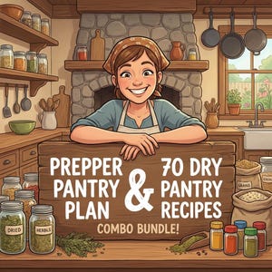 Może przedstawiać: Ilustracja uśmiechniętej kobiety w kuchni, z drewnianym znakiem z napisem "PREPPER PANTRY PLAN & 70 DRY PANTRY RECIPES COMBO BUNDLE!". Widoczne są słoiki z suszonymi ziołami i przyprawami, a także worki z ziarnami i przybory kuchenne.