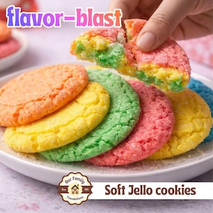 May include: A stack of round, sugar-coated cookies in orange, yellow, green, and pink colors on a white plate. One cookie is broken in half, revealing a multi-colored interior. The text "flavor-blast" and "Our Family Foundations Soft Jello cookies" appear.