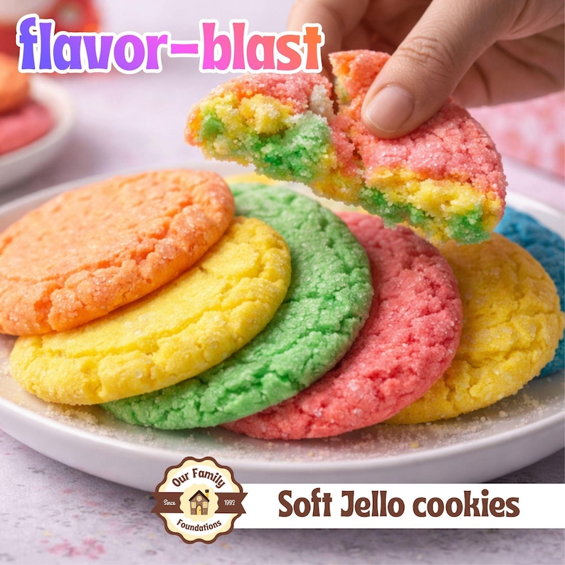 May include: A stack of round, sugar-coated cookies in orange, yellow, green, and pink colors on a white plate. One cookie is broken in half, revealing a multi-colored interior. The text "flavor-blast" and "Our Family Foundations Soft Jello cookies" appear.