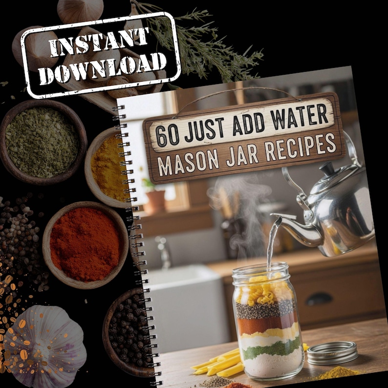 Pu&ograve; includere: Un libro di cucina intitolato "60 Just Add Water Mason Jar Recipes" con un cartello in legno rustico sulla copertina. L'immagine mostra un barattolo Mason con ingredienti a strati, una teiera che versa acqua e ciotole di spezie. Le parole "Instant Download" sono stampate in alto a sinistra.