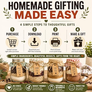 May include: An instructional graphic titled HOMEMADE GIFTING MADE EASY with four steps: Purchase, Download, Print, and Make & Gift. Below, four glass jars filled with layered dry ingredients feature fabric lids, twine, and tags reading Made with Love.