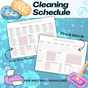 Pode incluir: Um cronograma de limpeza imprimível com um design rosa e branco. O cronograma inclui tarefas diárias, semanais, mensais, trimestrais e semestrais. A imagem também apresenta uma impressora rosa, um esfregão e duas esponjas.