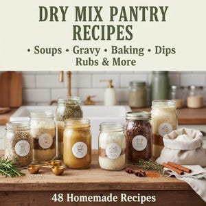 K&ouml;nnte beinhalten: Auf einem Holztisch stehen mehrere Gl&auml;ser mit Trockenmischungszutaten f&uuml;r Rezepte. Der Text oben lautet "DRY MIX PANTRY RECIPES" mit Rezeptkategorien darunter. Das Bild zeigt auch kleine goldene Messl&ouml;ffel, Gew&uuml;rze und einen Mehlsack.