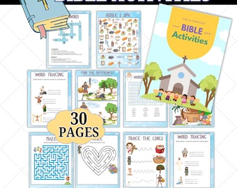 Paquete de actividades bíblicas imprimibles basadas en la fe para niños de 3 a 7 años. Juegos, rompecabezas, colorear y escuela dominical.