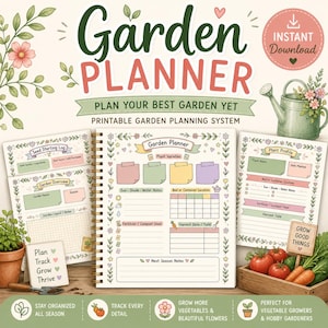 May include: A garden planner titled "Garden Planner" in green and pink, with pages for planning, including seed starting and plant profiles. The image also shows a watering can and vegetables.