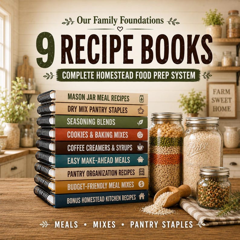 May include: A stack of nine spiral-bound recipe books titled Our Family Foundations, featuring individual covers for Mason Jar Meal Recipes, Dry Mix Pantry Staples, Seasoning Blends, Cookies & Baking Mixes, Coffee Creamers & Syrups, Easy Make-Ahead Meals, Pantry Organization Recipes, Budget-Friendly Meal Mixes, and Bonus Homestead Kitchen Recipes.
