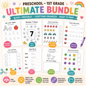 Puede incluir: Un colorido paquete educativo para preescolar y 1er grado. Incluye hojas de trabajo imprimibles para el alfabeto, matem&aacute;ticas, lectura y rompecabezas. Presenta actividades de trazado, conteo y corte. El texto dice "ULTIMATE BUNDLE" y "10,000+ PRINTABLES".