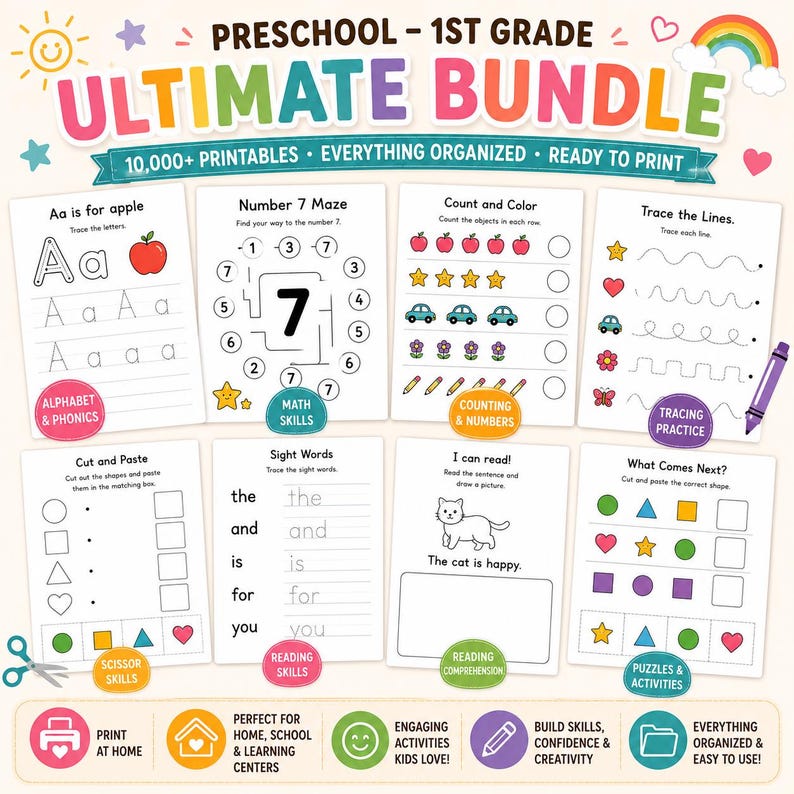Puede incluir: Un colorido paquete educativo para preescolar y 1er grado. Incluye hojas de trabajo imprimibles para el alfabeto, matem&aacute;ticas, lectura y rompecabezas. Presenta actividades de trazado, conteo y corte. El texto dice "ULTIMATE BUNDLE" y "10,000+ PRINTABLES".