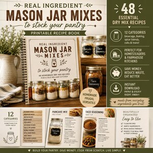 K&ouml;nnte beinhalten: Ein druckbares Rezeptbuch mit dem Titel "Mason Jar Mixes" mit 48 hausgemachten Trockenmischungsrezepten. Das Buch ist ge&ouml;ffnet und zeigt Rezepte f&uuml;r Pfannkuchenmischung und Taco-Gew&uuml;rze. Mehrere Einmachgl&auml;ser mit Zutaten sind sichtbar.