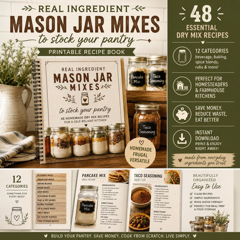 K&ouml;nnte beinhalten: Ein druckbares Rezeptbuch mit dem Titel "Mason Jar Mixes" mit 48 hausgemachten Trockenmischungsrezepten. Das Buch ist ge&ouml;ffnet und zeigt Rezepte f&uuml;r Pfannkuchenmischung und Taco-Gew&uuml;rze. Mehrere Einmachgl&auml;ser mit Zutaten sind sichtbar.