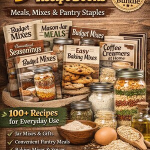 May include: A collection of 9 recipe books titled Meals, Mixes & Pantry Staples, featuring guides for Budget Mixes, Mason Jar Meals, Homestead Seasonings, Easy Baking Mixes, and Coffee Creamers at Home, displayed with glass jars of ingredients.