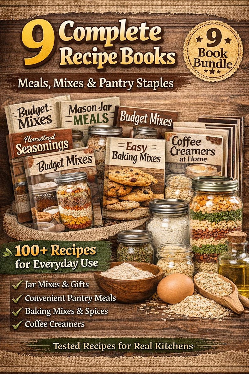 May include: A collection of 9 recipe books titled Meals, Mixes & Pantry Staples, featuring guides for Budget Mixes, Mason Jar Meals, Homestead Seasonings, Easy Baking Mixes, and Coffee Creamers at Home, displayed with glass jars of ingredients.