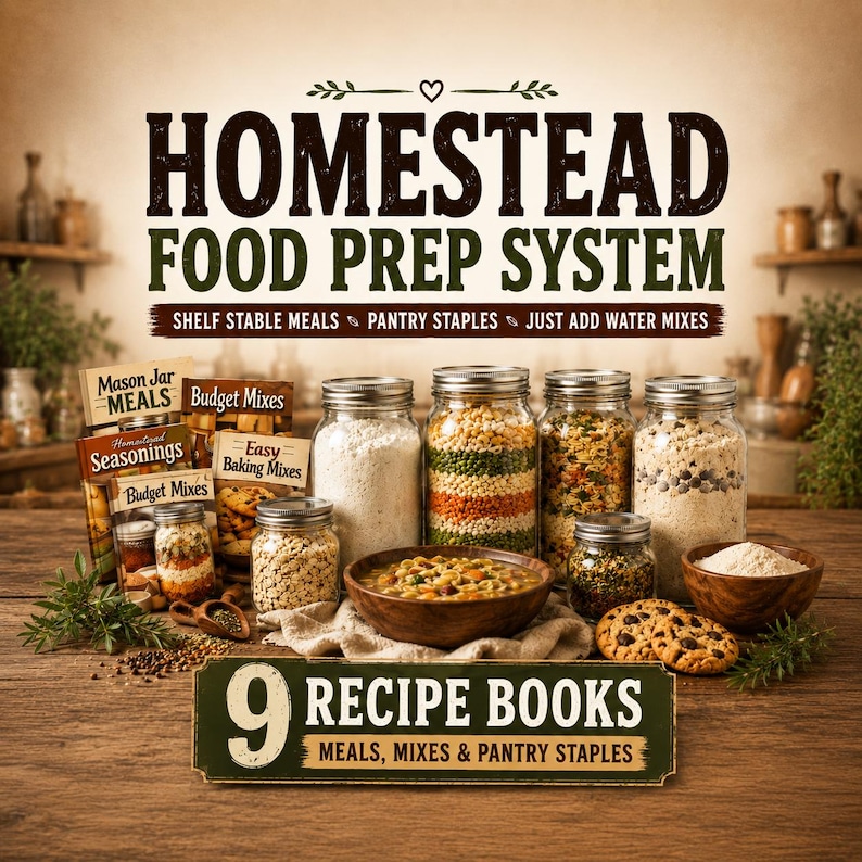 May include: A Homestead Food Prep System display featuring glass jars filled with dry ingredients, a wooden bowl of soup, and recipe books. Text reads: Homestead Food Prep System, Shelf Stable Meals, Pantry Staples, Just Add Water Mixes, 9 Recipe Books.