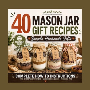 May include: A digital guide titled 40 Mason Jar Gift Recipes featuring four glass jars filled with layered dry ingredients. Each jar has a fabric lid cover, twine, and a brown paper tag with text reading Made With Love, Thank You, or For You.