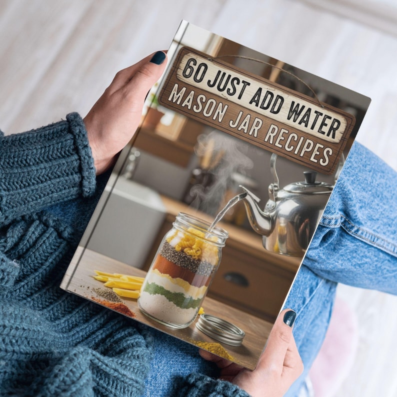 Pu&ograve; includere: Un libro di cucina intitolato "60 Just Add Water Mason Jar Recipes" &egrave; tenuto in mano. La copertina presenta un barattolo Mason a strati con ingredienti e una teiera che versa acqua. Lo sfondo mostra una cucina.