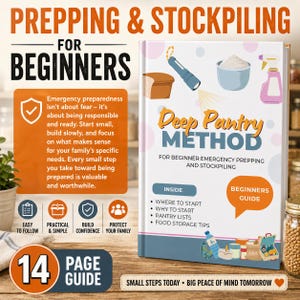 May include: A 14-page guide titled Prepping & Stockpiling for Beginners: Deep Pantry Method. The cover features illustrations of a loaf of bread, a torch, a bowl, and a spray bottle. It includes text about emergency preparedness, pantry lists, and food storage tips for beginners.