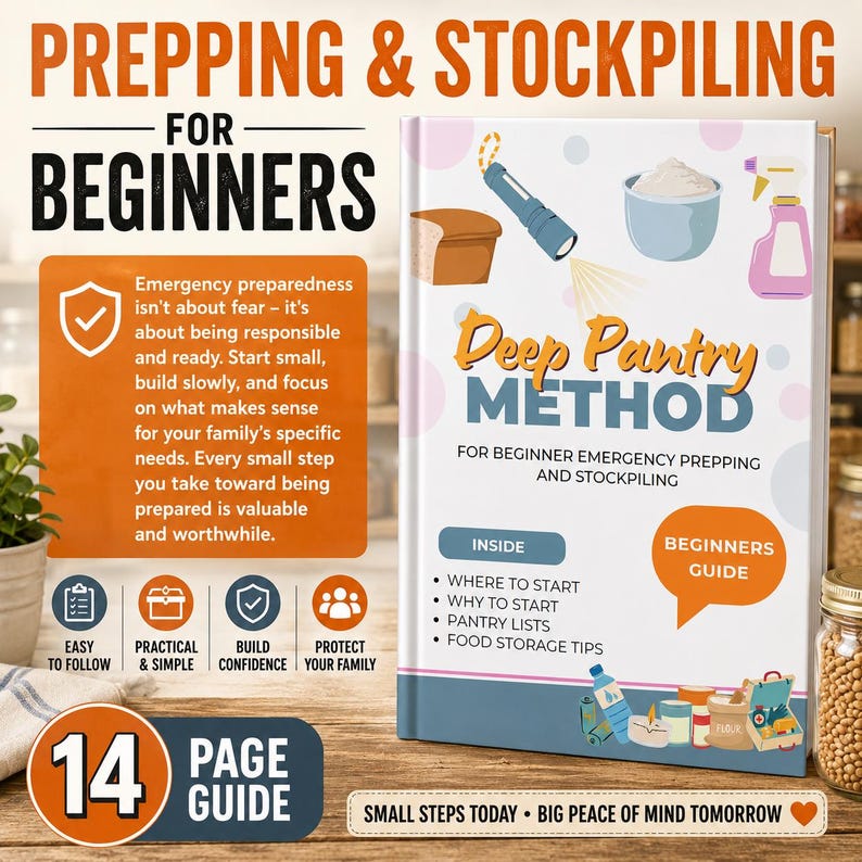 May include: A 14-page guide titled Prepping & Stockpiling for Beginners: Deep Pantry Method. The cover features illustrations of a loaf of bread, a torch, a bowl, and a spray bottle. It includes text about emergency preparedness, pantry lists, and food storage tips for beginners.