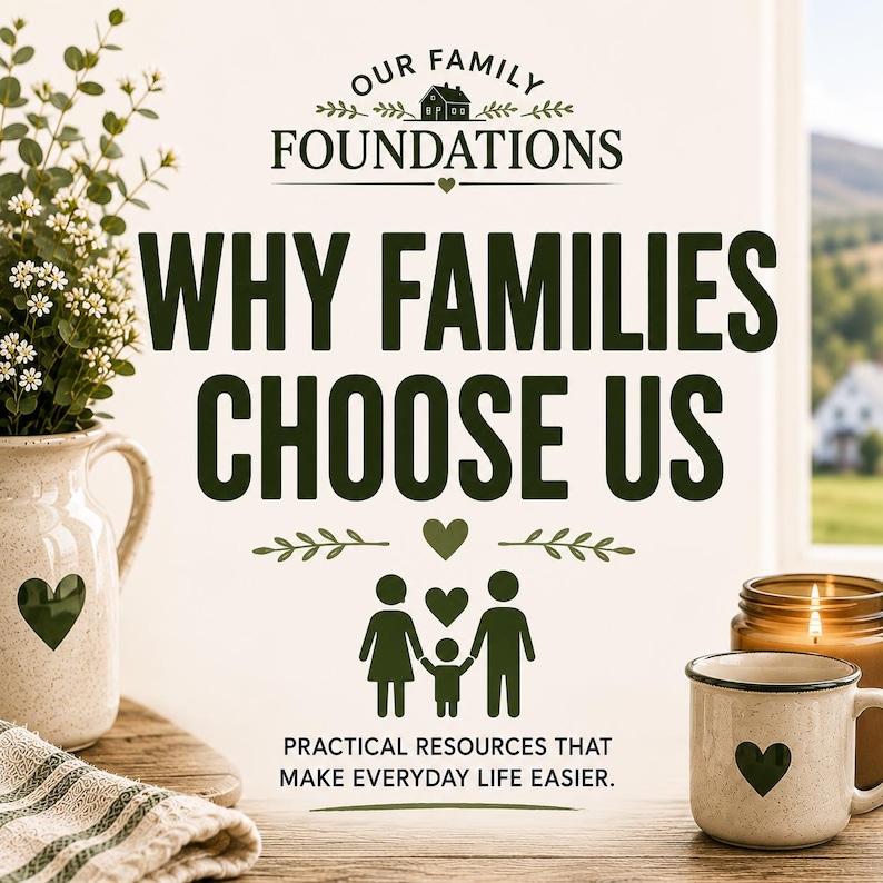 May include: A graphic featuring the text OUR FAMILY FOUNDATIONS, WHY FAMILIES CHOOSE US, and PRACTICAL RESOURCES THAT MAKE EVERYDAY LIFE EASIER. The design includes a house icon, heart symbols, and a family silhouette icon in dark green.