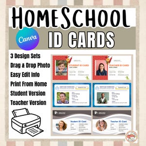 Carte d'identità personalizzabili per l'istruzione parentale per studenti e insegnanti / Modelli Canva modificabili - 3 set di design inclusi / Identificazione domestica stampabile