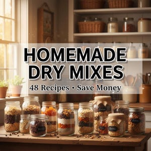 K&ouml;nnte beinhalten: Eine Sammlung von Gl&auml;sern mit geschichteten trockenen Zutaten wie Haferflocken und Trockenfr&uuml;chten. Die Gl&auml;ser stehen auf einer Holzoberfl&auml;che, dar&uuml;ber der Text "Homemade Dry Mixes". Das Bild deutet auf hausgemachte Rezepte hin.