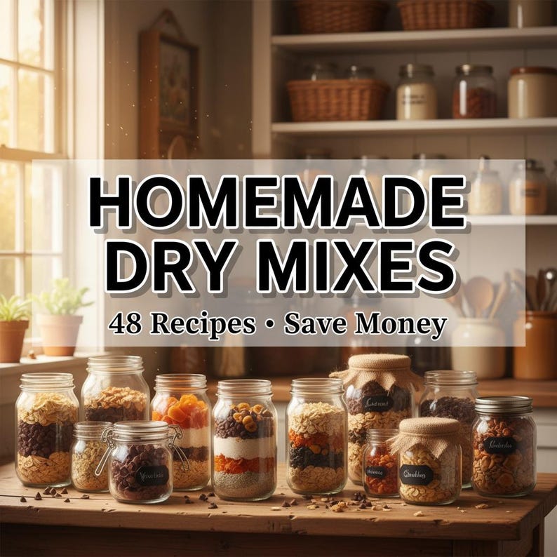 K&ouml;nnte beinhalten: Eine Sammlung von Gl&auml;sern mit geschichteten trockenen Zutaten wie Haferflocken und Trockenfr&uuml;chten. Die Gl&auml;ser stehen auf einer Holzoberfl&auml;che, dar&uuml;ber der Text "Homemade Dry Mixes". Das Bild deutet auf hausgemachte Rezepte hin.