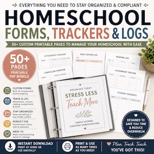 May include: Homeschool forms, trackers, and logs bundle with over 50 printable pages. Includes attendance, lesson, and reading logs, curriculum overviews, and assignment trackers. Designed to help homeschool parents stay organized and reduce overwhelm.