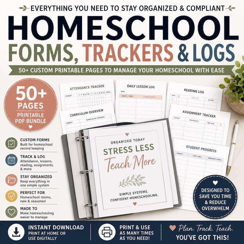 May include: Homeschool forms, trackers, and logs bundle with over 50 printable pages. Includes attendance, lesson, and reading logs, curriculum overviews, and assignment trackers. Designed to help homeschool parents stay organized and reduce overwhelm.