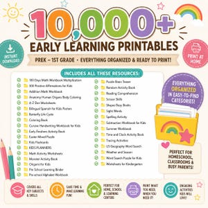 Puede incluir: Gr&aacute;fico colorido que promociona m&aacute;s de 10,000 imprimibles de aprendizaje temprano para PreK-1er grado. Incluye recursos para matem&aacute;ticas, lectura y m&aacute;s. Presenta un arco&iacute;ris, l&aacute;pices y el texto "Descarga instant&aacute;nea".