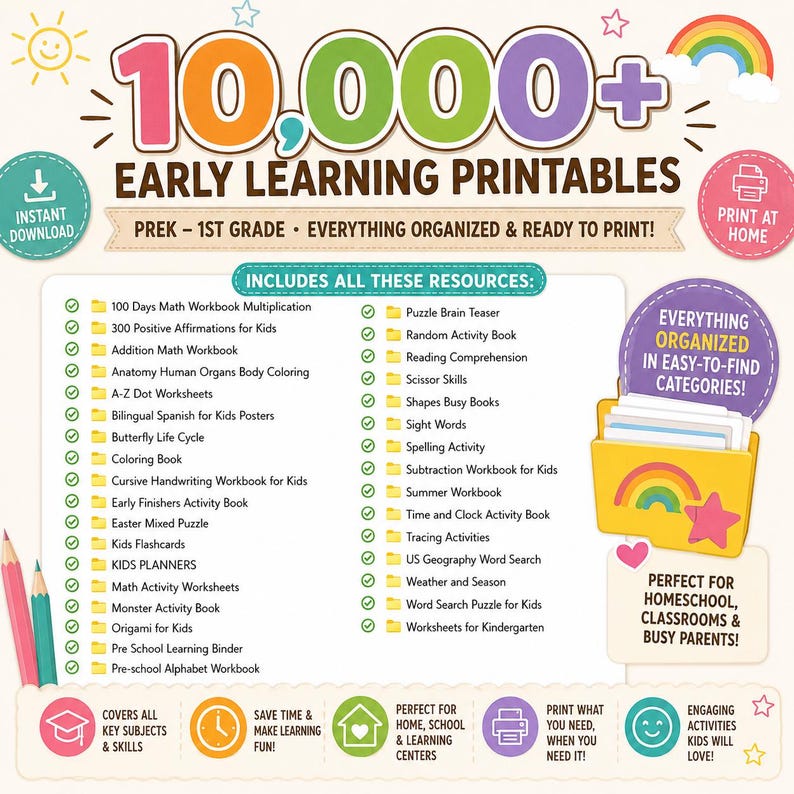 Puede incluir: Gr&aacute;fico colorido que promociona m&aacute;s de 10,000 imprimibles de aprendizaje temprano para PreK-1er grado. Incluye recursos para matem&aacute;ticas, lectura y m&aacute;s. Presenta un arco&iacute;ris, l&aacute;pices y el texto "Descarga instant&aacute;nea".