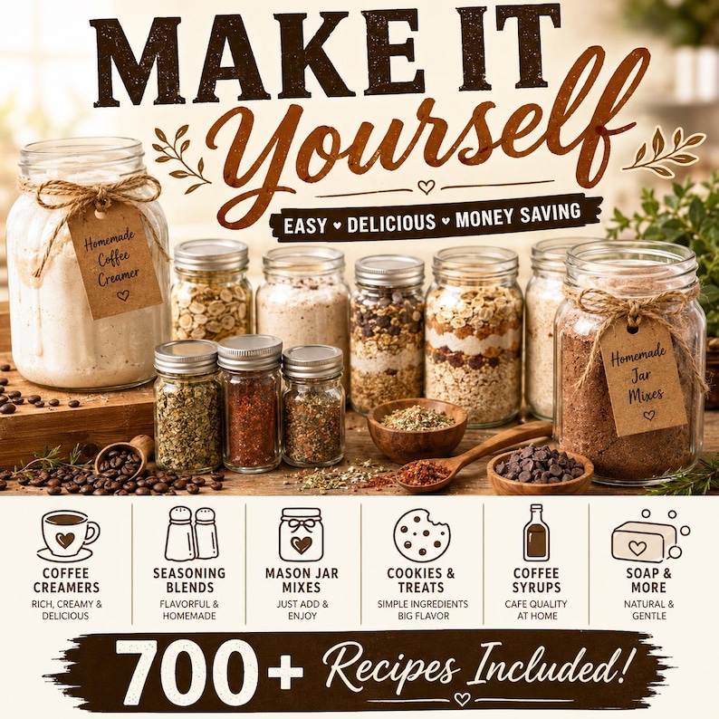 May include: A collection of glass jars filled with various dry ingredients, including coffee creamer and jar mixes with brown paper tags. The image features text reading MAKE IT YOURSELF, EASY DELICIOUS MONEY SAVING, and 700+ Recipes Included, along with icons for coffee creamers, seasoning blends, mason jar mixes, cookies, syrups, and soap.