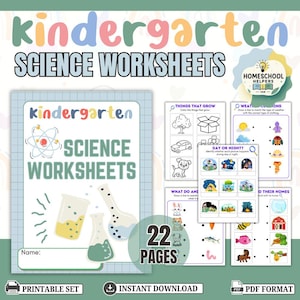 Op de afbeelding: Een set van 22 pagina's met wetenschappelijke werkbladen voor de kleuterschool. De omslag toont "Kleuterschool Wetenschaps Werkbladen" met illustraties van bekers en een atoom. De werkbladen behandelen onderwerpen als weer, dag en nacht en dierenverblijven.