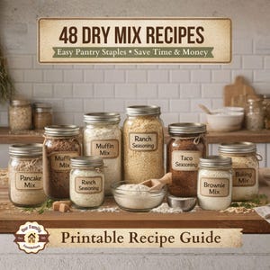 Puede incluir: Una colección de frascos de vidrio llenos de mezclas secas y condimentos, incluyendo mezcla para panqueques, mezcla para muffins y condimento para tacos. La imagen presenta un letrero que dice "48 Recetas de Mezclas Secas" y "Guía de Recetas Imprimible".
