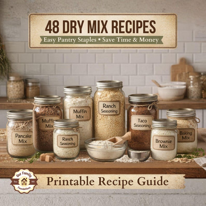 48 dry mix pantry recipes printable PDF, homemade spice blends, baking mixes, mason jar recipes, from scratch cooking guide