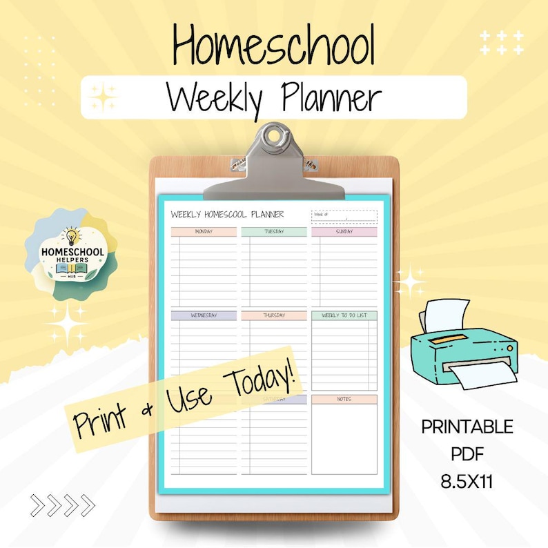 Homeschool Weekly Plan Sheet Printable | 7 Day Planner Schedule PDF for