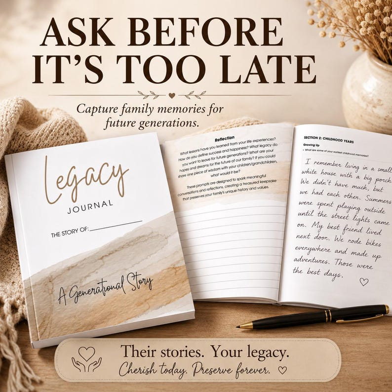 May include: A Legacy Journal with a white cover featuring brown watercolour accents and the text "Legacy JOURNAL THE STORY OF: A Generational Story". An open page shows printed reflection prompts and handwritten text about childhood memories.
