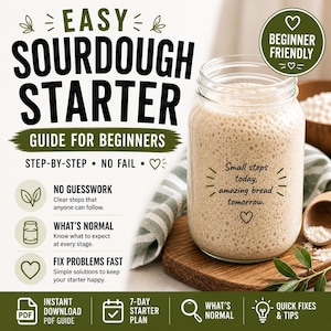 Könnte beinhalten: Ein Einmachglas gefüllt mit einem blubbernden Sauerteigstarter, mit dem Text "Kleine Schritte heute, erstaunliches Brot morgen." Das Bild ist ein Leitfaden für Anfänger, mit dem Text "Einfache Sauerteigstarter-Anleitung für Anfänger."