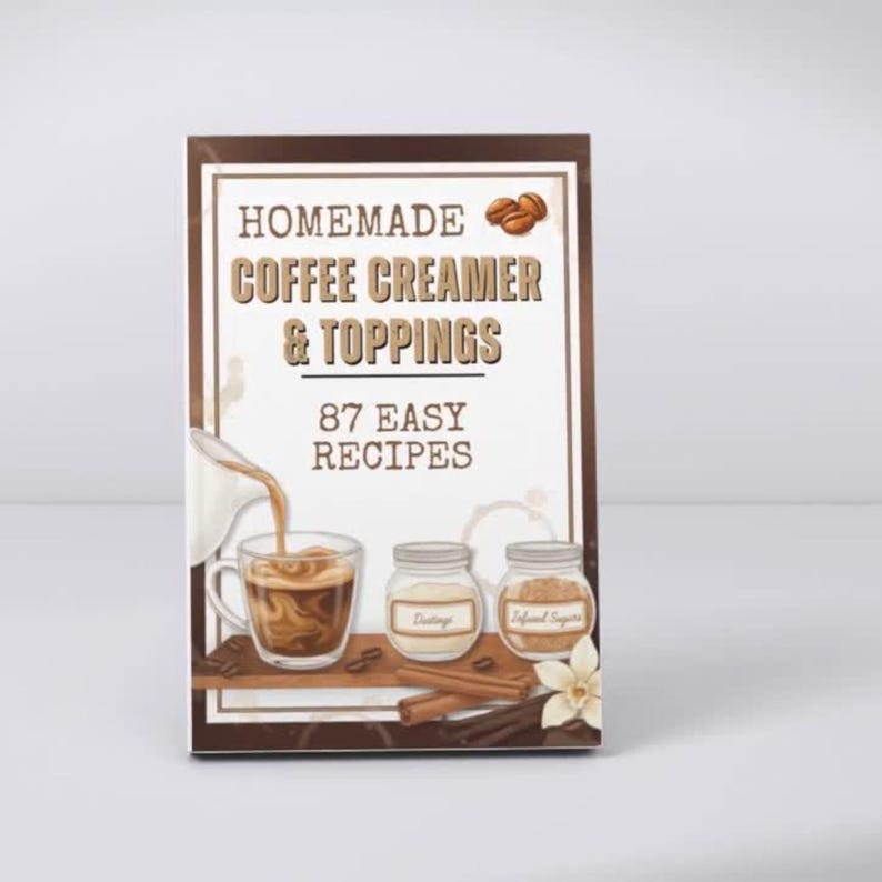 May include: A cookbook titled "Homemade Coffee Creamer & Toppings" with 87 easy recipes. The cover features a coffee cup with creamer being poured in, two jars labeled "Dustings" and "Infused Sugars", cinnamon sticks, and a vanilla flower.