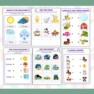 May include: Children's educational activity sheets with topics including weather, hot/cold, animal homes, seasons, day/night, and animal babies. Each sheet has colourful illustrations and matching exercises. The text includes "What's the Weather?", "Hot or Cold", and "Animals and Their Homes."