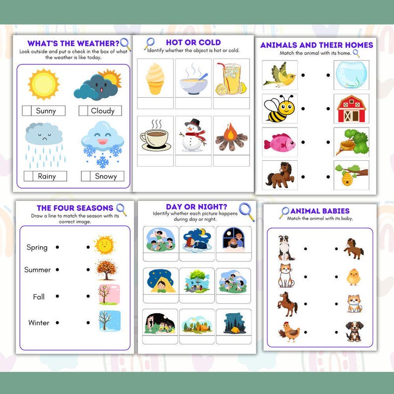 May include: Children's educational activity sheets with topics including weather, hot/cold, animal homes, seasons, day/night, and animal babies. Each sheet has colourful illustrations and matching exercises. The text includes "What's the Weather?", "Hot or Cold", and "Animals and Their Homes."
