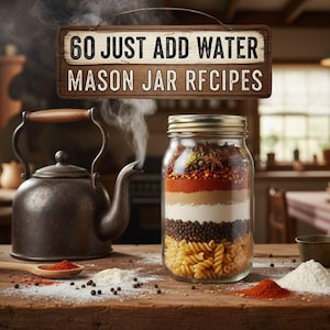 Pu&ograve; includere: Un barattolo di vetro Mason riempito con ingredienti a strati per una ricetta, tra cui pasta, spezie ed erbe. Un cartello sopra recita "60 JUST ADD WATER MASON JAR RECIPES". Un bollitore vintage fuma sullo sfondo, con spezie e farina sparse.