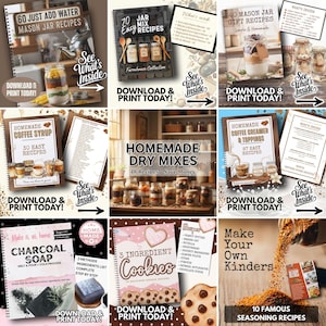 May include: A digital collage of nine recipe book covers featuring titles like 60 Just Add Water Mason Jar Recipes, 70 Easy Jar Mix Recipes, 40 Mason Jar Gift Recipes, Homemade Coffee Syrup, Homemade Dry Mixes, Homemade Coffee Creamer, Charcoal Soap, 3 Ingredient Cookies, and 10 Famous Seasoning Recipes.