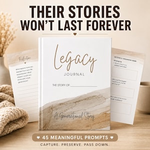May include: A white hardback legacy journal with brown watercolour accents and the text Legacy Journal, The Story Of, and A Generational Story. The book is displayed with two open pages showing prompts like Reflection and Section 2: Childhood Years.