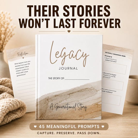 Legacy Journal Digital Download | Family Memory Book with 45 Prompts | Printable Keepsake for Generational Storytelling, Memory Heirloom