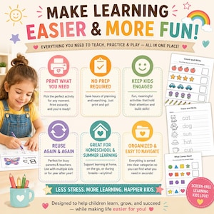 Puede incluir: Gr&aacute;fico educativo colorido con el texto "MAKE LEARNING EASIER & MORE FUN!" y una ni&ntilde;a dibujando. La imagen promueve actividades de aprendizaje sin pantalla para ni&ntilde;os, incluyendo imprimibles y recursos reutilizables.