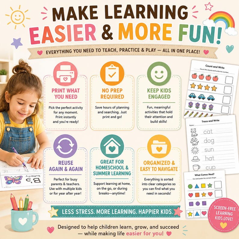 Puede incluir: Gr&aacute;fico educativo colorido con el texto "MAKE LEARNING EASIER & MORE FUN!" y una ni&ntilde;a dibujando. La imagen promueve actividades de aprendizaje sin pantalla para ni&ntilde;os, incluyendo imprimibles y recursos reutilizables.